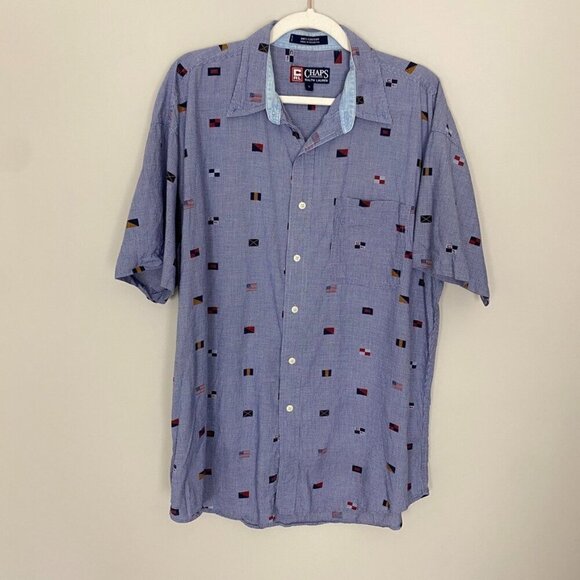 Chaps Ralph Lauren Flag Button Down Shirt Short Sleeves Mens Large - Picture 1 of 7